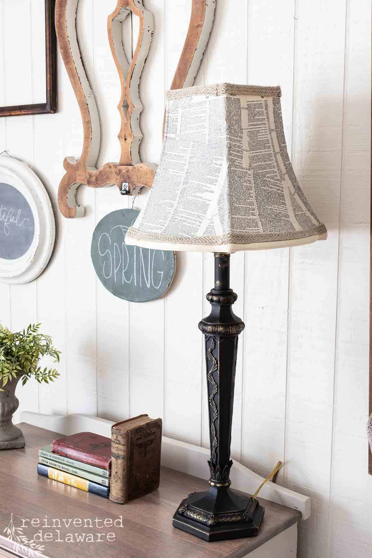 thrift store lamp makeover with a painted lamp base and decoupage lampshade