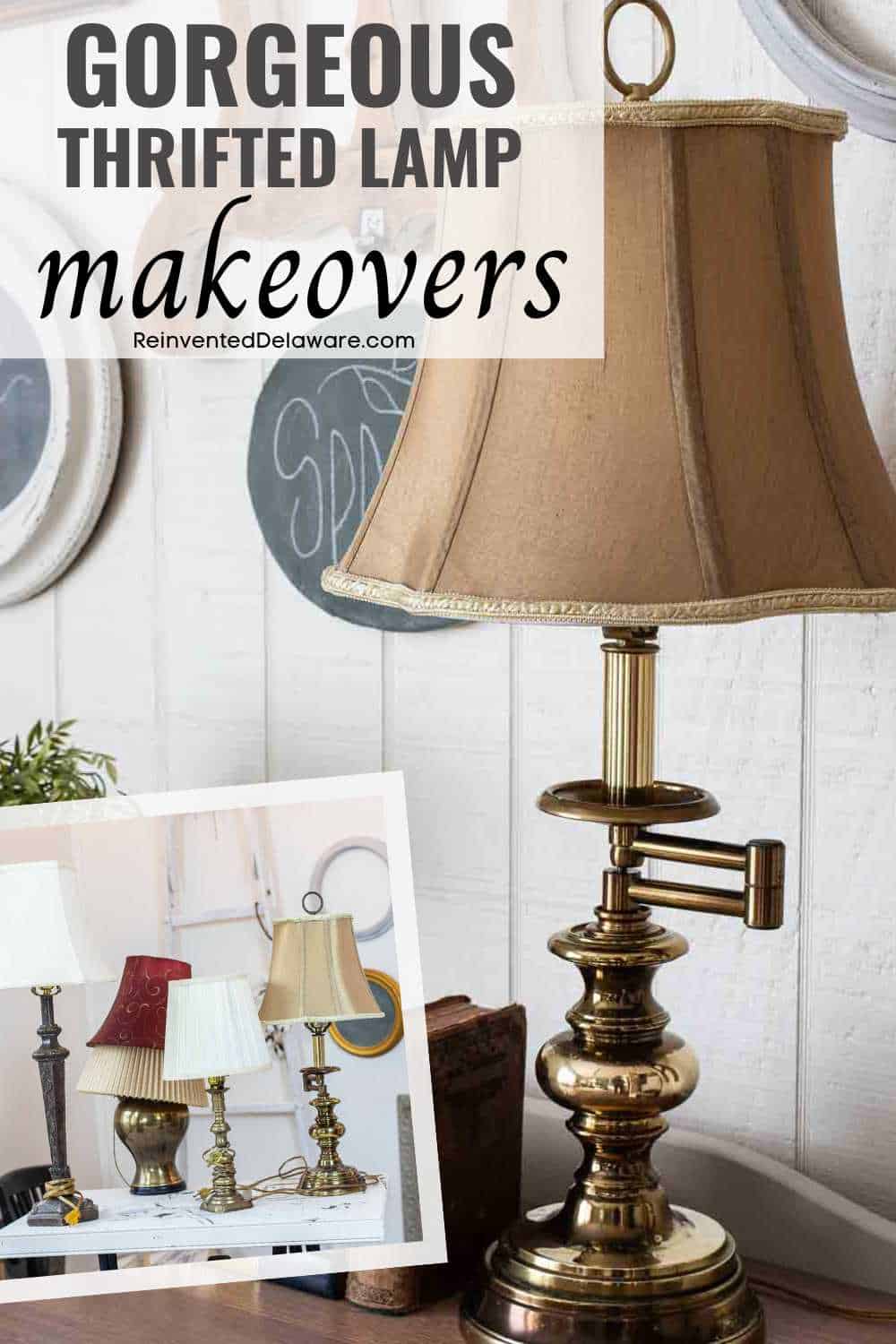 Pinterest graphic with text overlay Gorgeous thrifted lamp makeover with before and after of lamp makeover