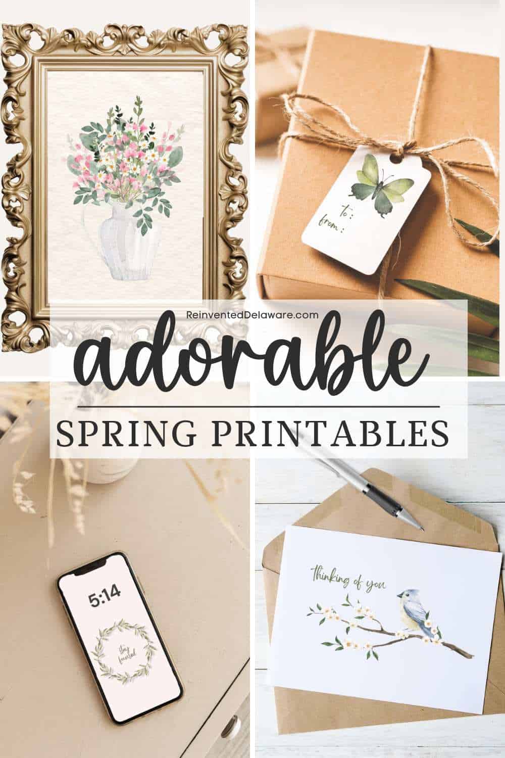 Pinterest graphic with text overlay Adorable spring printables with Reinvented Delaware and showing examples of spring themed art.