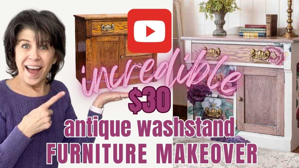 YouTube graphic with text overlay Incredible $3- Antique washstand furniture makeover