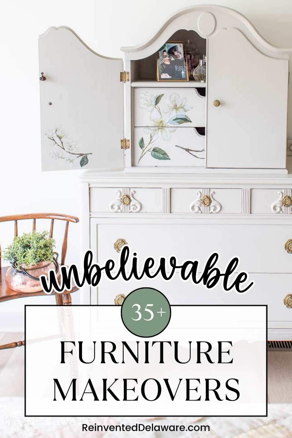 Pinterest graphic with text overlay Unbelievable 35+ furniture makeovers ReinventedDelaware.com