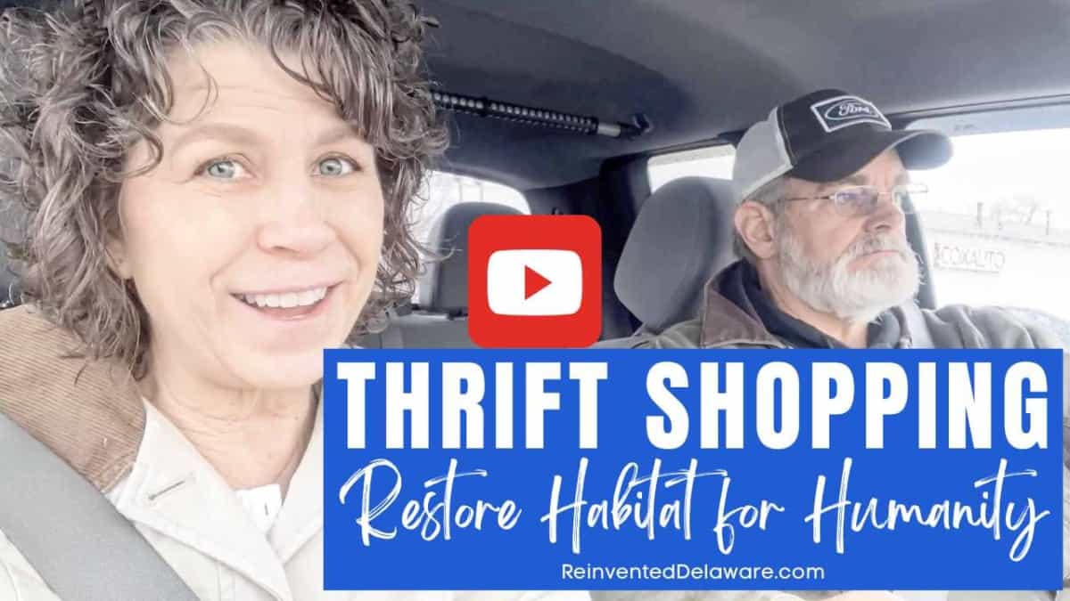 YouTube thumbnail graphic with text overlay Thrift Shopping Restore Habitat for Humanity
