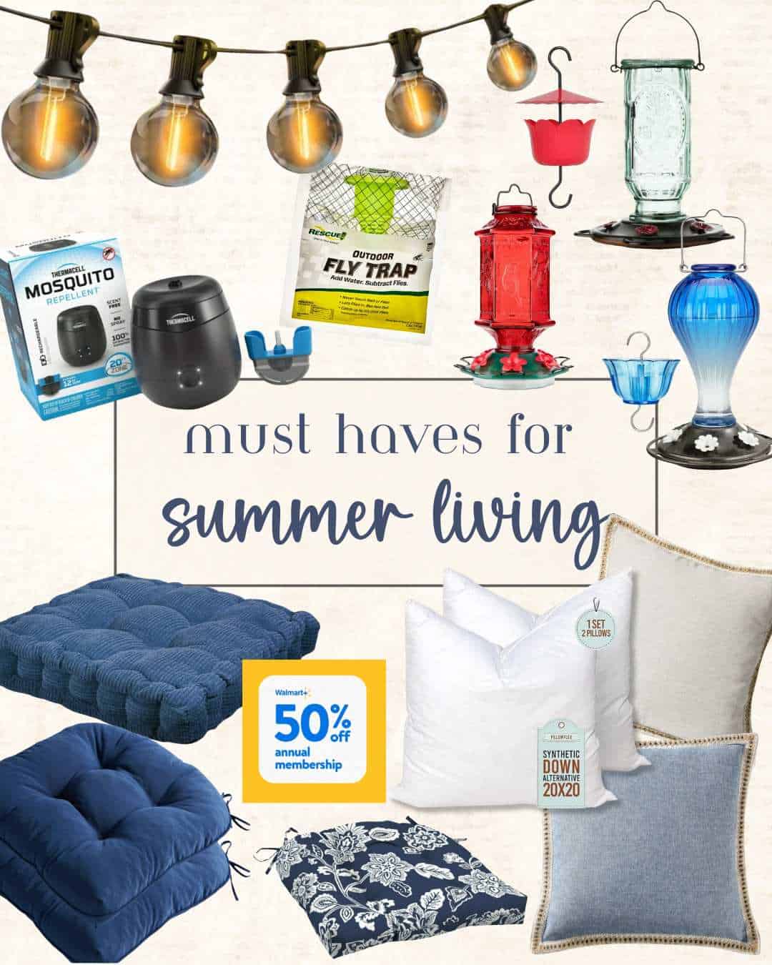 graphic with text overlay must haves for summer living showing summer product images