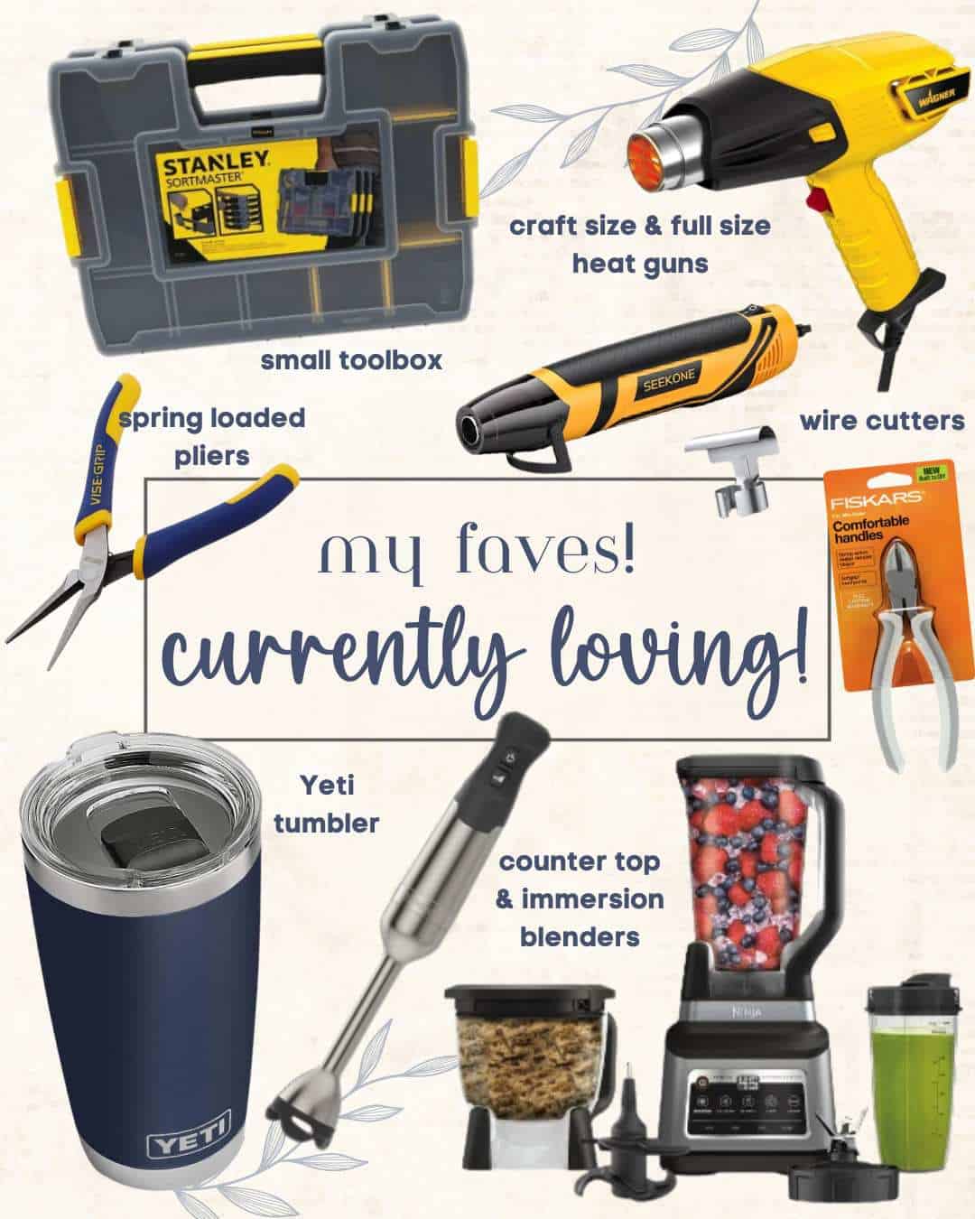 shopping graphic showing favorite items to buy including a tool box, small tools and a yeti