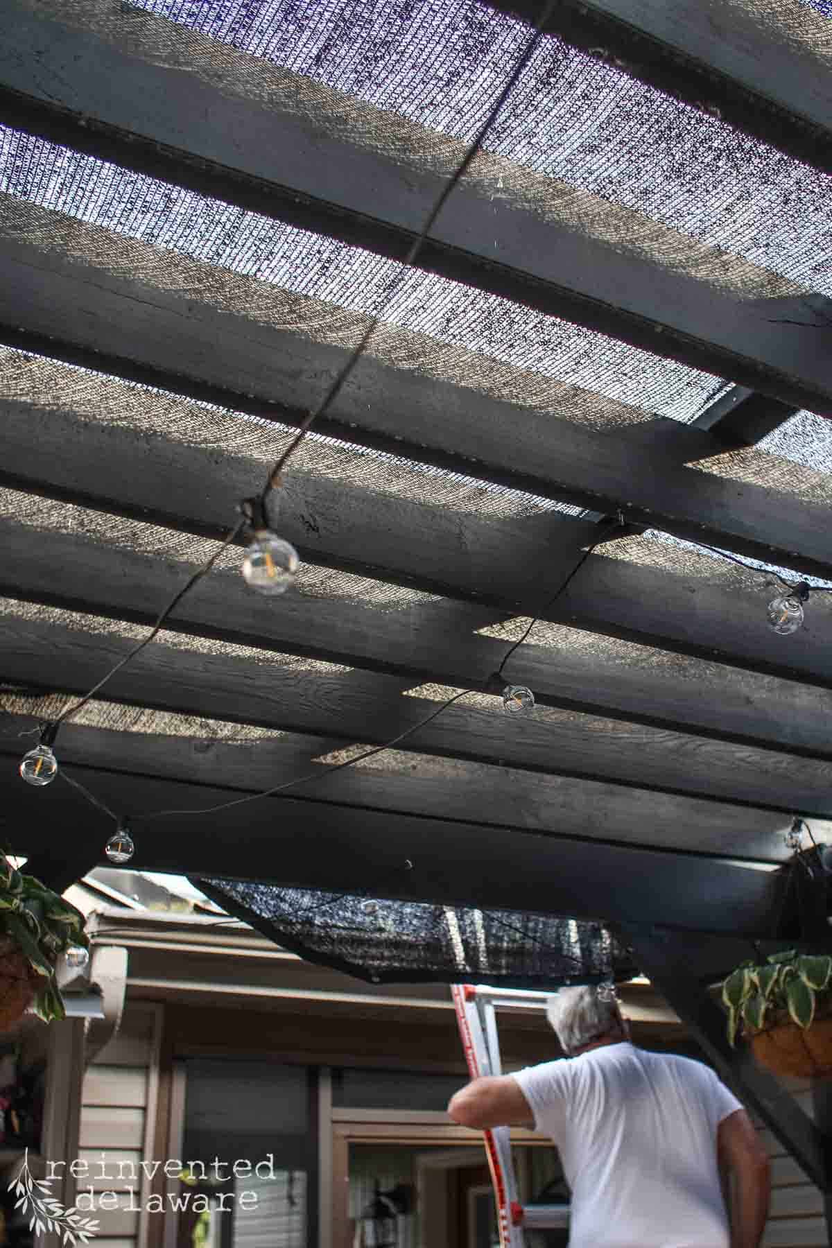 Old shade cloth on top of a wood pergola with a man removing it.
