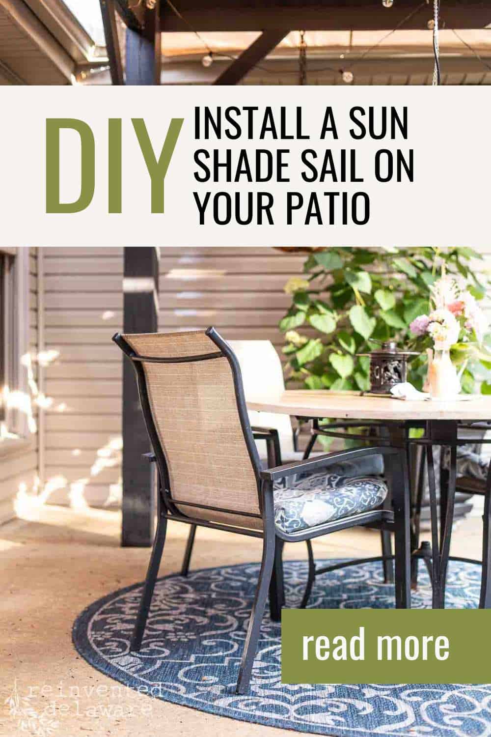 pinterest graphic with text overlay DIY Install a Sun Shade Sail on Your Patio