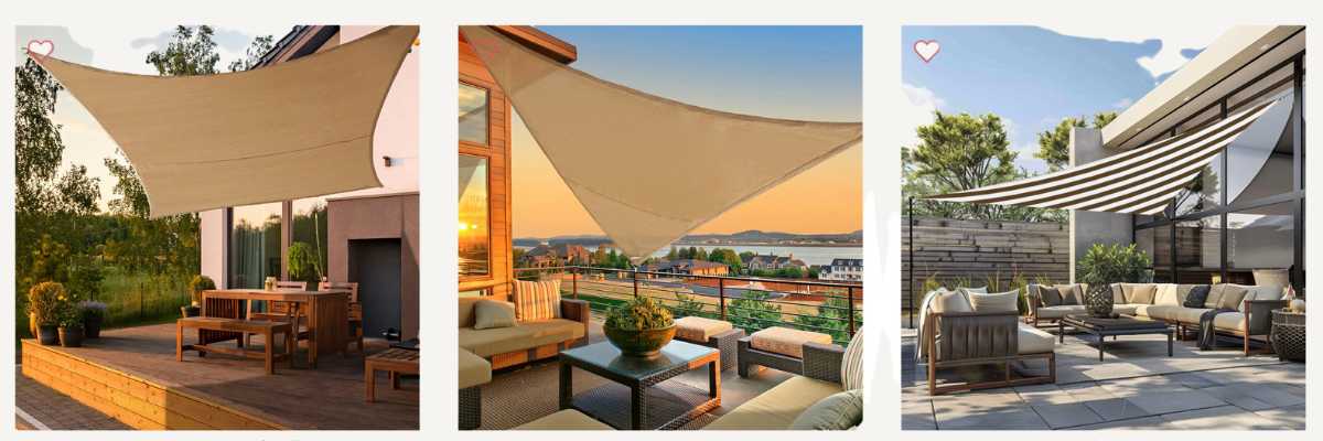 Pictures of different styles of sun shade sails.