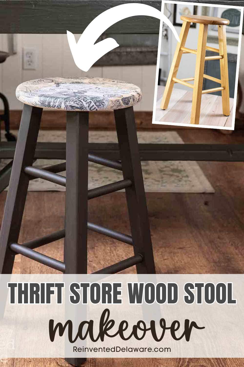 A Pinterest graphic with text overlay "Thrift Store Wood Stool Makeover" Reinvented Delaware.com with a before and after image.