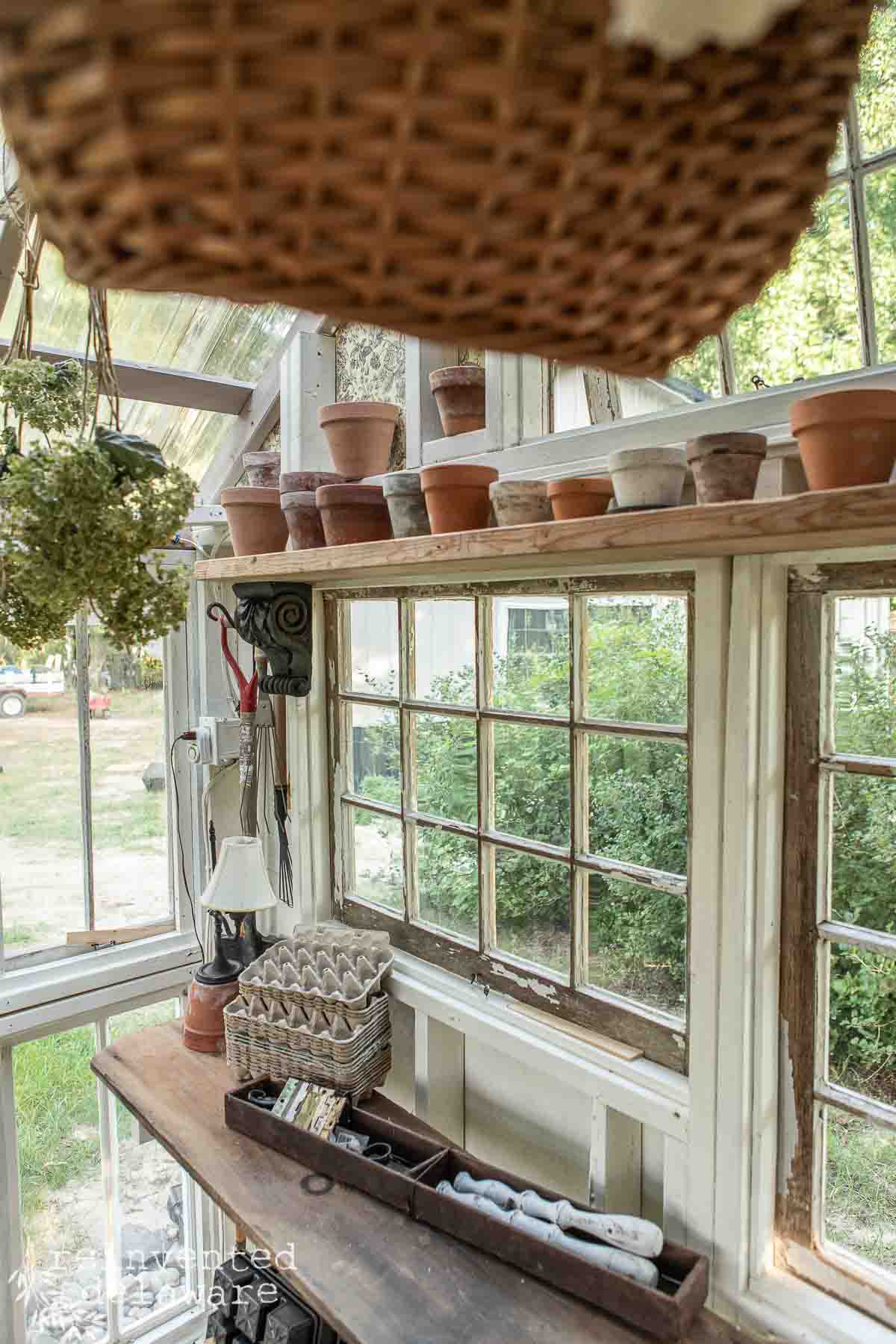 A cozy sunlit greenhouse interior with rustic wooden shelves and a potting bench. Small terracotta pots are arranged on a shelf, garden tools hang from a hook, and dried flowers are suspended from above. Large windows offer a view of the greenery outside.