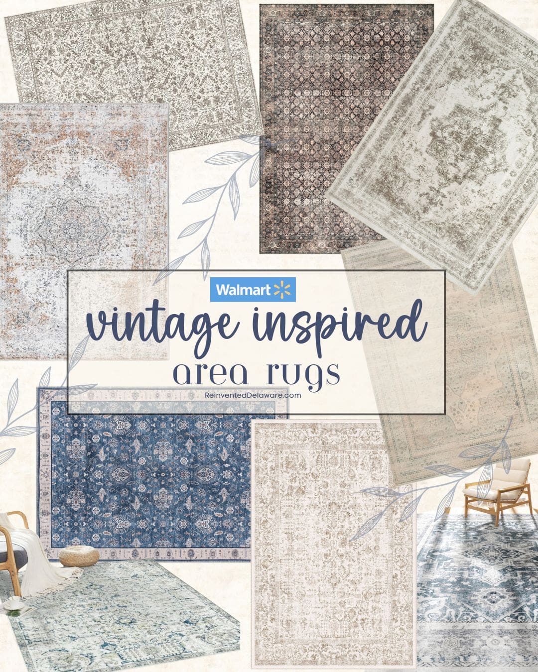 A collage showcasing vintage-inspired area rugs available at Walmart. Various patterns in shades of blue, beige, and gray are arranged around a central text that reads "Vintage Inspired Area Rugs." Two chairs and a small side table are also part of the decor.