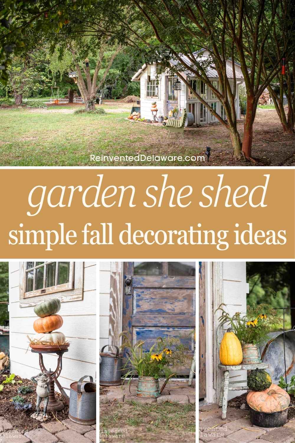 A peaceful garden with a cozy, rustic shed. The image showcases simple fall decorating ideas, including arrangements of pumpkins, watering cans, small tables, and potted flowers. The scene is set against a green, leafy backdrop with a text overlay: "garden she shed: simple fall decorating ideas.