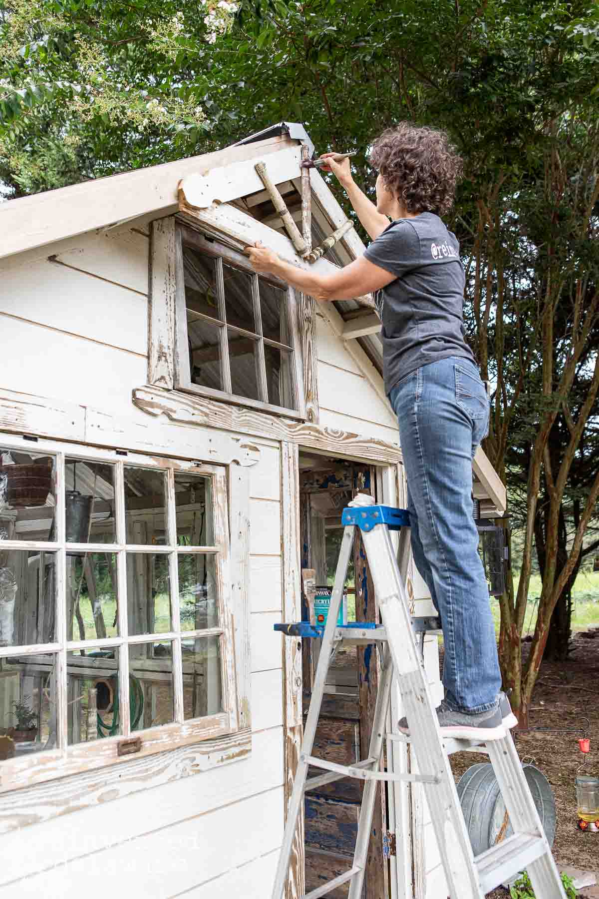 A person with curly hair, wearing a gray T-shirt and jeans, stands on a ladder while painting the exterior of a white wooden shed with multiple windows. The person is focusing on the trim near the roofline. Trees are visible in the background.