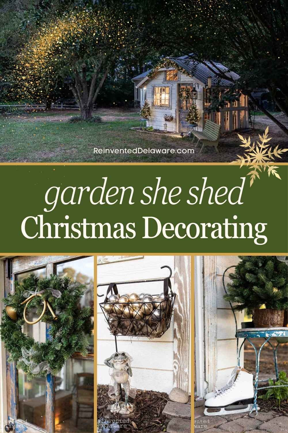 Festive garden shed decorated for Christmas. Features a cozy cottage with twinkling lights, a wreath, a basket of gold ornaments, ice skates, and greenery. Text reads: "Garden She Shed Christmas Decorating.