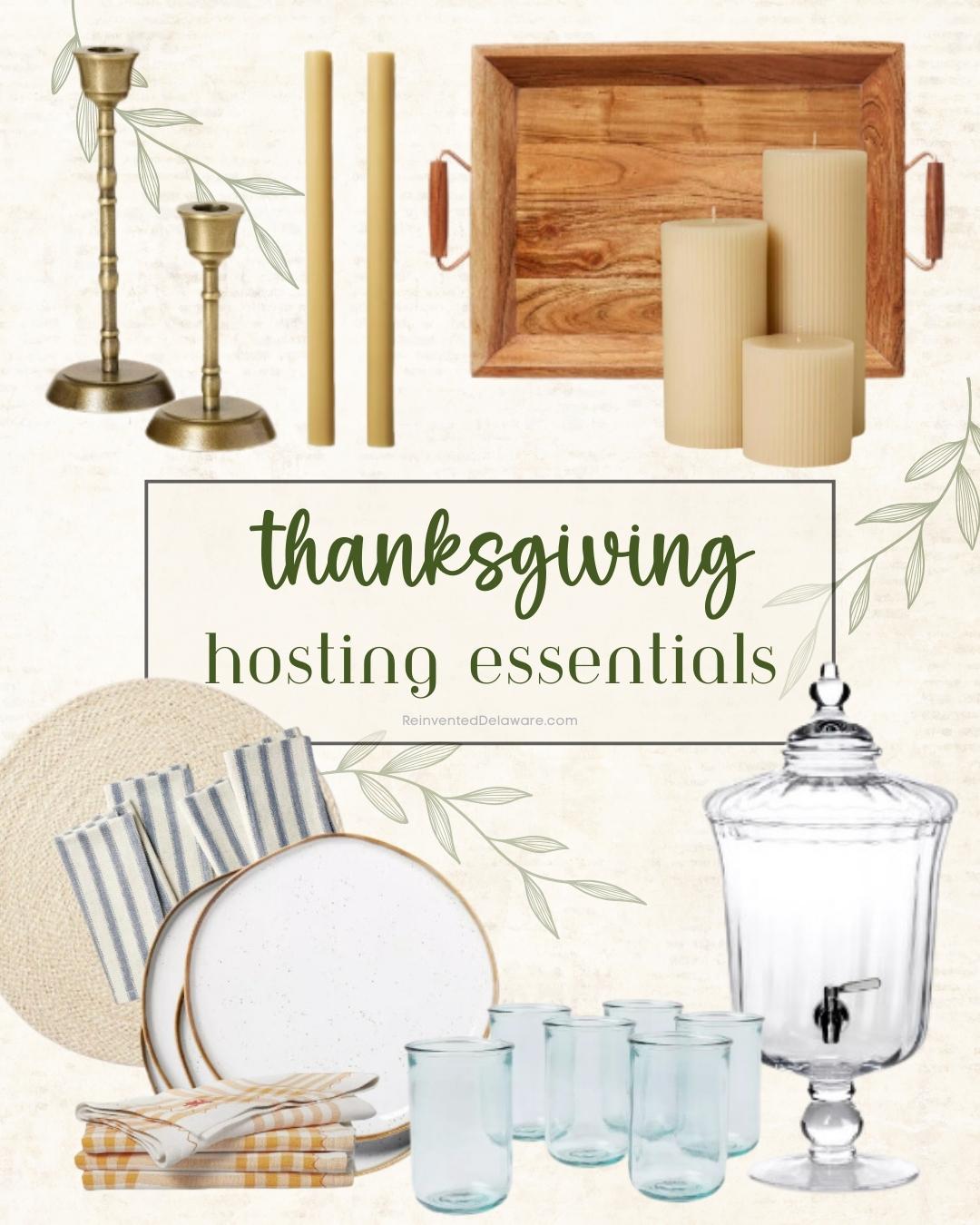 Collage of Thanksgiving hosting essentials: brass candlesticks with tall candles, a wooden tray, pillar candles, striped linens, speckled plates, striped napkins, glass tumblers, and a glass beverage dispenser. Text reads "Thanksgiving hosting essentials.