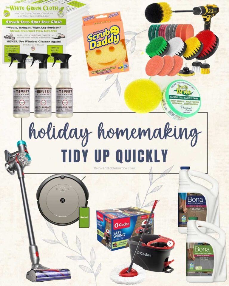 A collage of cleaning products including a scrub brush drill attachment, a Scrub Daddy sponge, cleaning sprays, a cordless vacuum, a robotic vacuum, a spin mop, and floor cleaners with the text "holiday homemaking: tidy up quickly.