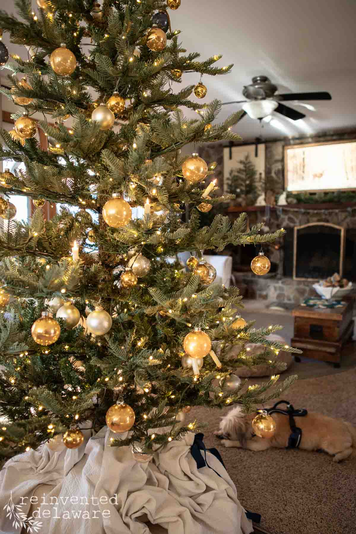 A decorated Christmas tree with golden ornaments and lights stands indoors on a carpet. A small dog is lying beside it. A fireplace and various home decor pieces are visible in the background.