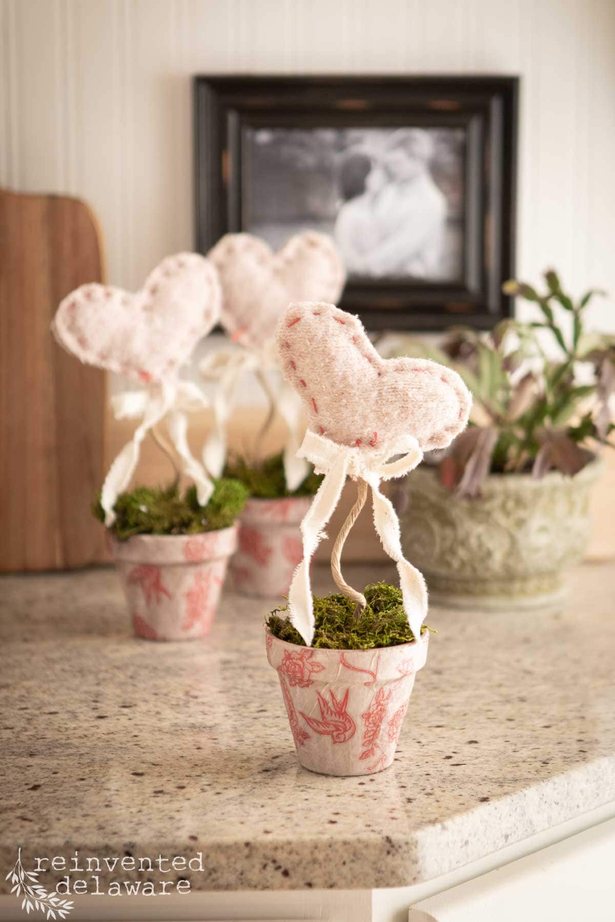 Three small, decorative pots sit on a countertop, each with a heart-shaped ornament on a stick, tied with a white ribbon and surrounded by moss—perfect DIY Valentine's Day decor. A framed photo and a potted plant add charm in the background.