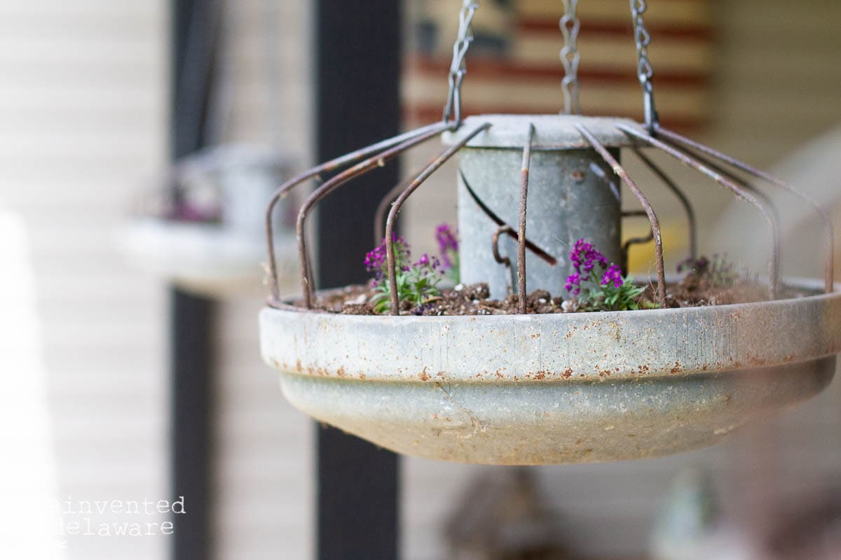 Close-up of a rustic hanging planter made from a repurposed metal light fixture, filled with soil and small purple flowers. The blurred background includes another similar planter and an American flag.