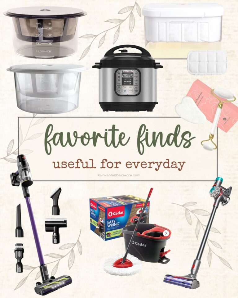 Collage of various household items labeled "favorite finds useful for everyday." Includes a mop, vacuums, an electric pressure cooker, plastic containers, a facial roller, and mop refills, set against a leafy background.