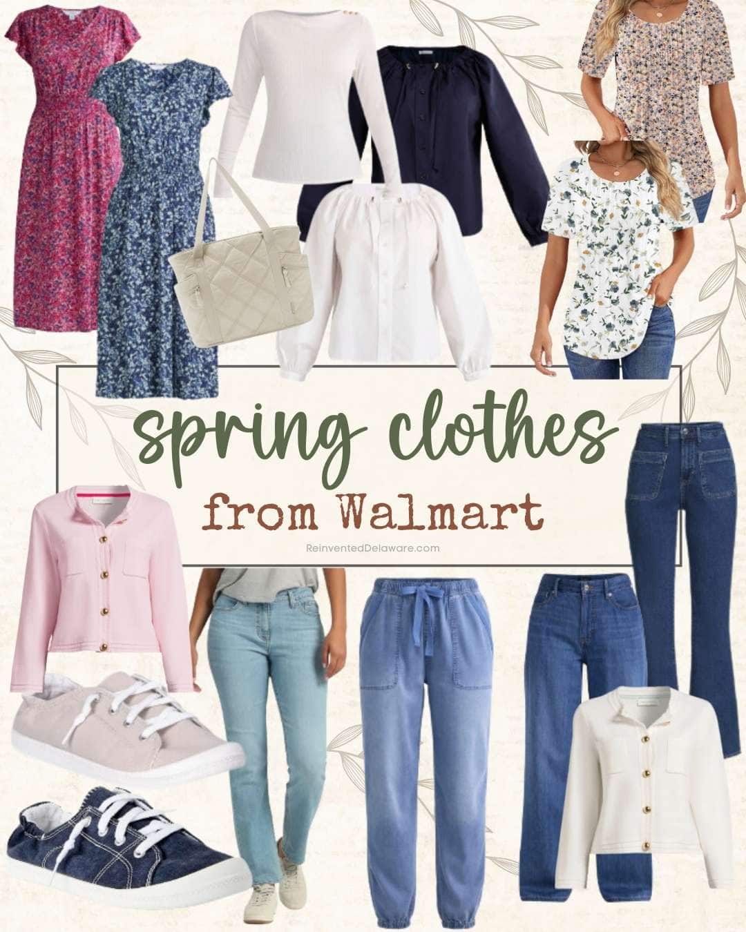 Collage of spring clothing from Walmart, featuring floral dresses, blouses, jeans, a pink jacket, denim jacket, sneakers, and a quilted bag. Apparel includes casual and semi-casual styles in various pastel and denim shades.