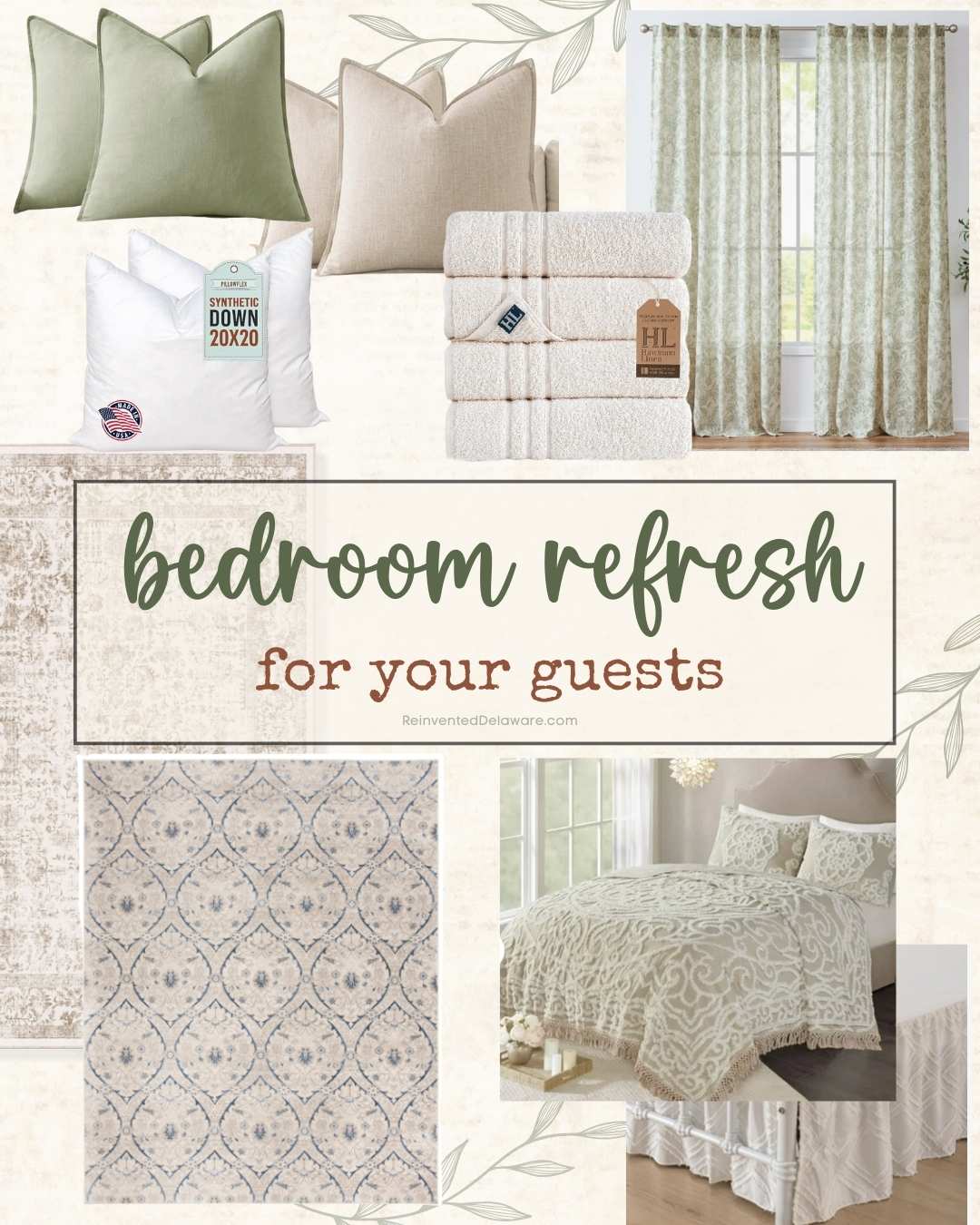 Collage featuring pillows, down pillow twin pack, beige towels, light green curtains, a floral patterned rug, and a white and green quilted bedding set. Text reads "bedroom refresh for your guests" with leafy accents.