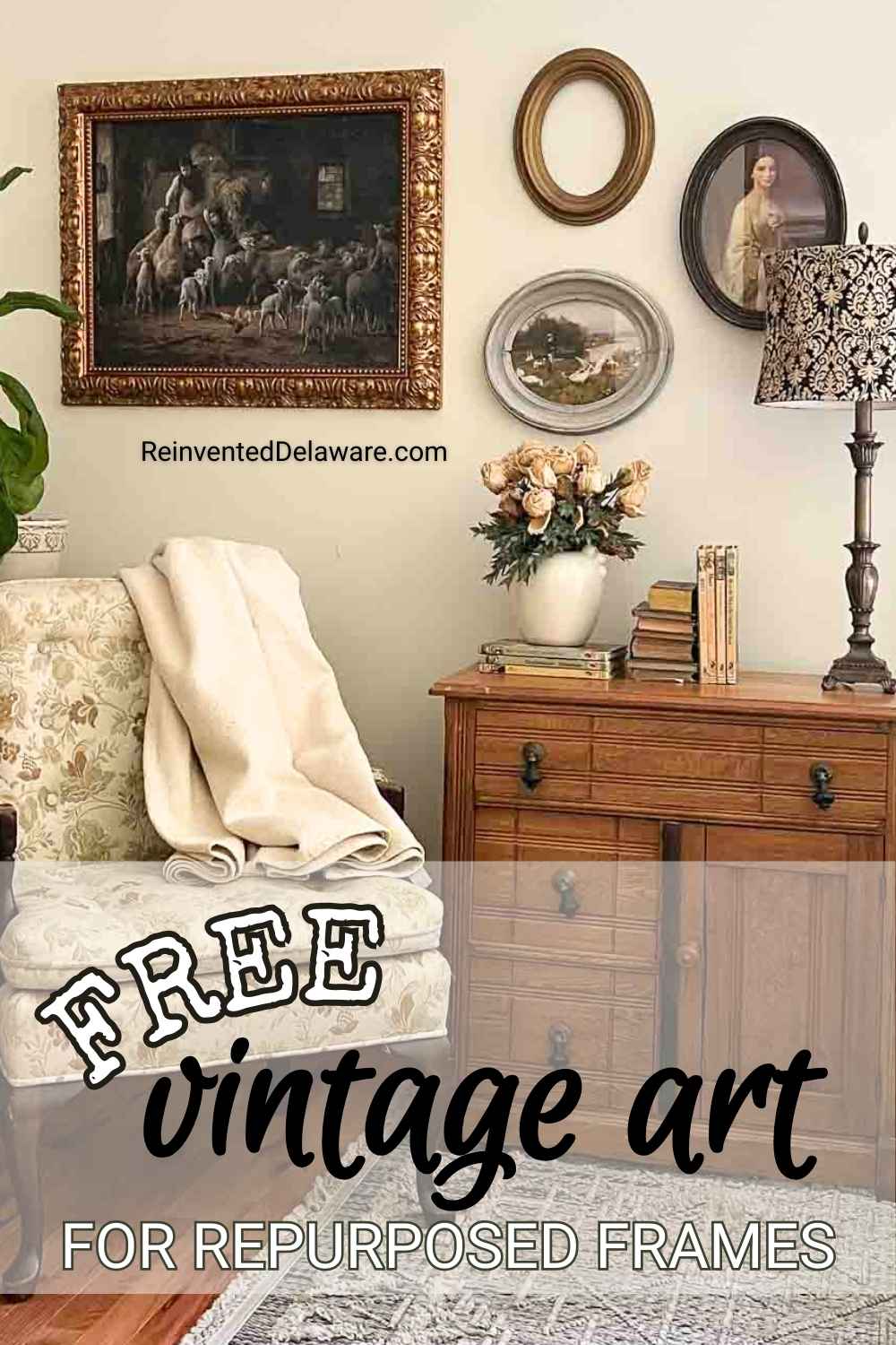 A cozy vintage-style room with a floral armchair, wooden side table with books and roses, and two framed art pieces on the wall. Text overlay: “Free vintage art for your thrift store frame makeover.”.