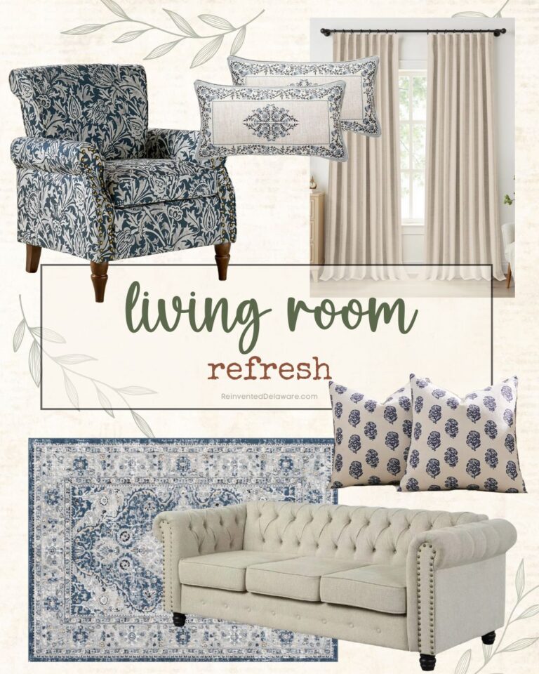 Mood board featuring a blue floral armchair, cream tufted sofa, blue patterned rug, beige curtains, and decorative pillows with blue designs, labeled "living room refresh" in the center.