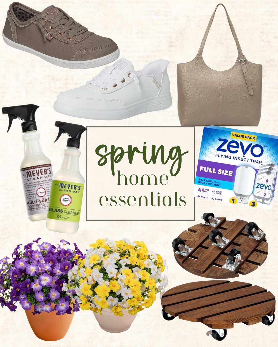 A collage titled "spring home essentials" shows casual shoes, a beige tote bag, cleaning sprays, a flying insect trap, plant caddies with wheels, and potted flowers in purple, yellow, and white.
