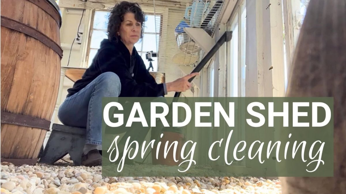 A woman in a garden shed uses a vacuum cleaner with "GARDEN SHED spring cleaning" overlaid on the image. Pebbles cover the floor, sunlight streams through windows—it's time for a she shed refresh.