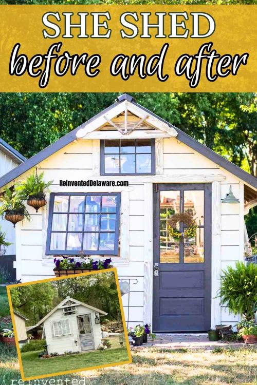 She shed makeover showing before and after transformation in a garden setting.
