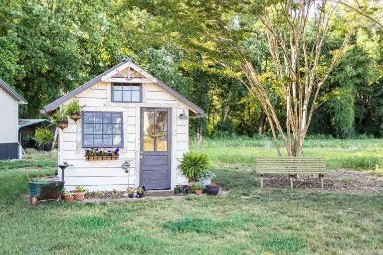 Garden shed with white exterior and dark gray door in a lush, green backyard setting.