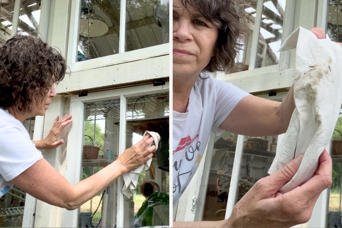 A woman cleans a window with a white cloth, giving her she shed a refresh. In the left image, she wipes the glass; in the right image, she holds up the dirty cloth, showing off the grime removed during her cleaning session.