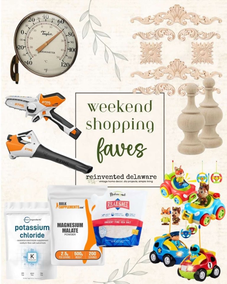 A collage featuring a vintage thermometer, ornate wood moldings, wooden chess pawns, toy cars and animals, a toy chainsaw and leaf blower, potassium chloride, magnesium malate powder, and a bag of sea salt. Text reads: "weekend shopping faves.