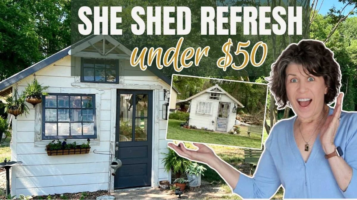 A woman smiling and gesturing excitedly stands next to a small white shed with plants. Text above reads "SHE SHED REFRESH under $50." There is also a smaller image of the same shed in the background.